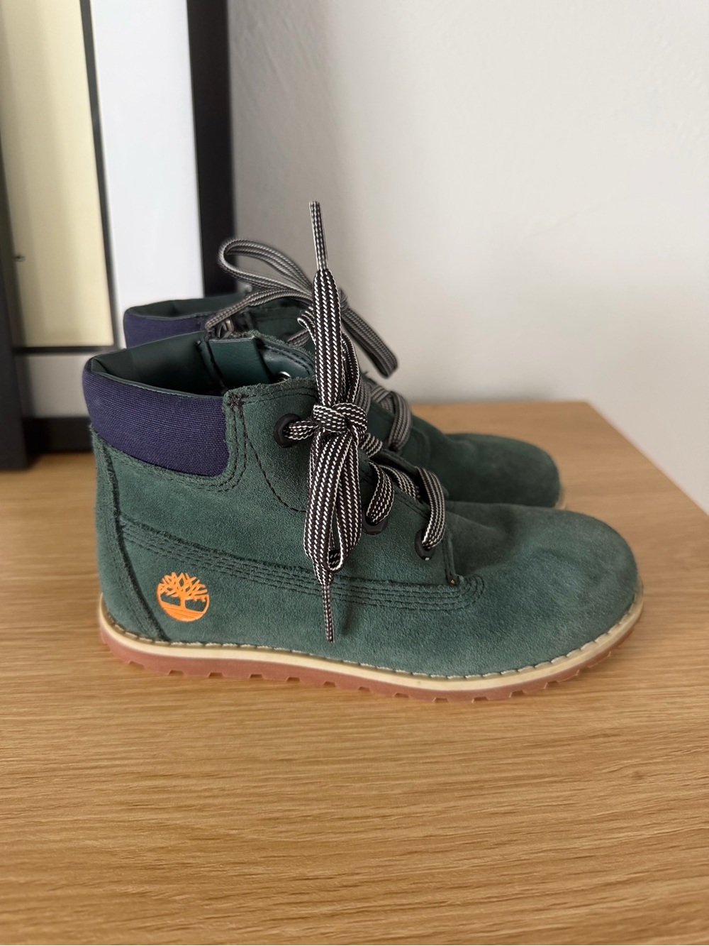 Timberland Kids Green Suede Lace-Up Boots with Orange Logo